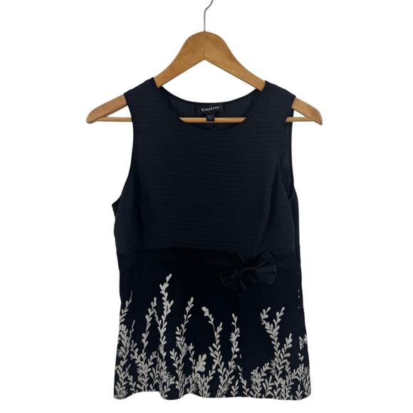 Bebe Y2K Silk Floral Bow Waist Sleeveless Top Black White Round Neck Size S - Picture 1 of 7